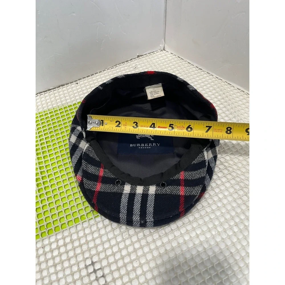 Burberry Plaid Wool Blend Flat Cap Navy Red White Prorsum Knight Logo Size 56